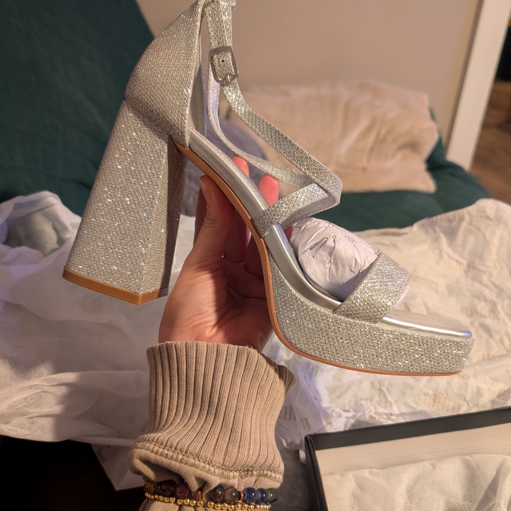 IDIFU Glittering Silver Block Heels